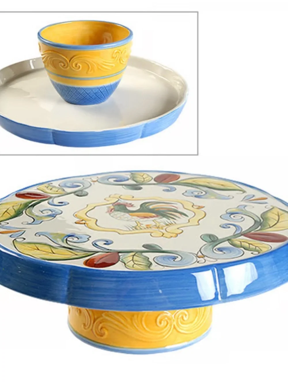 Ricamo Accessories by Fitz & Floyd footed cake plate or chip & dip rooster motif